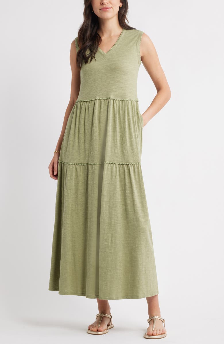 Caslon<sup>®</sup> Sleeveless V-Neck Tiered Dress, Main, color, Olive Acorn