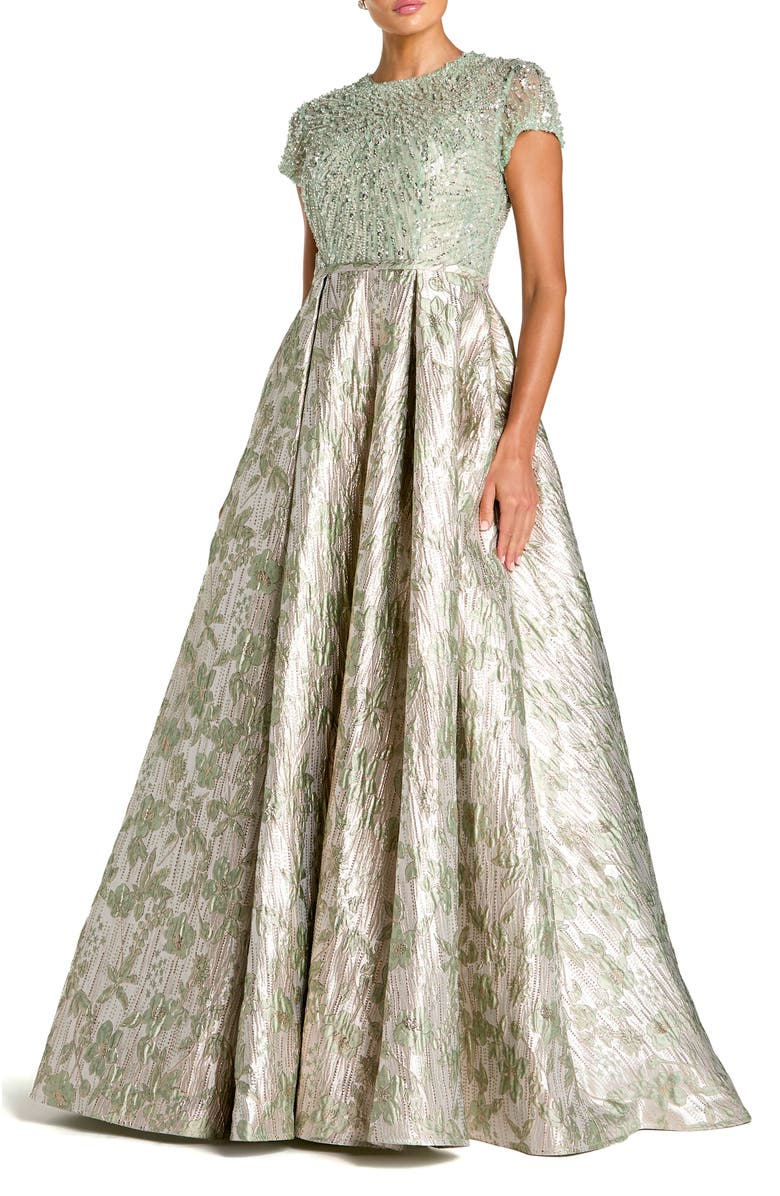 Mac Duggal Beaded Cap Sleeve Ball Gown with Metallic Brocade Skirt, Main, color, Sage