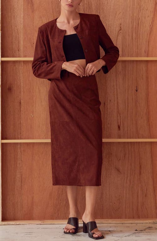 Crescent Faux Suede Pencil Midi Skirt In Red