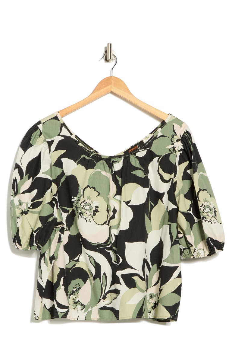 Renee C Floral Puff Sleeve Stretch Cotton Top, Alternate, color, Olive Multi
