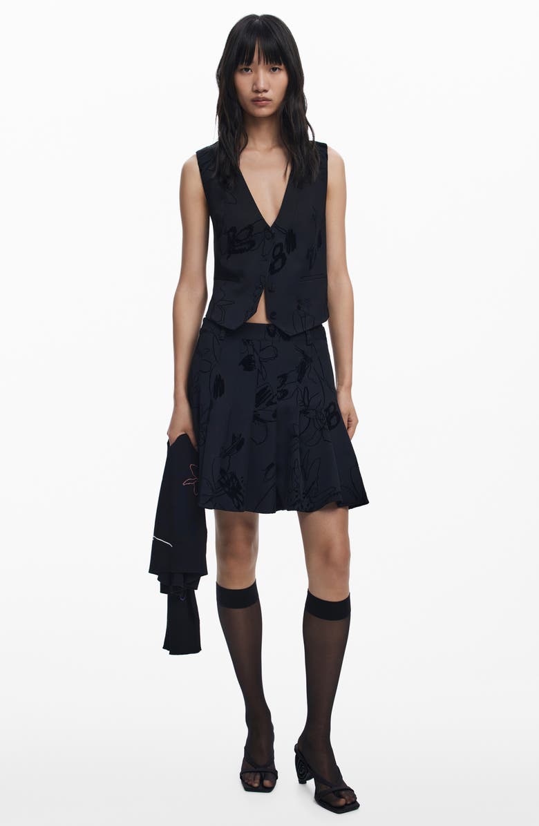 Desigual Floral Embroidered Pleated Miniskirt, Alternate, color, Black