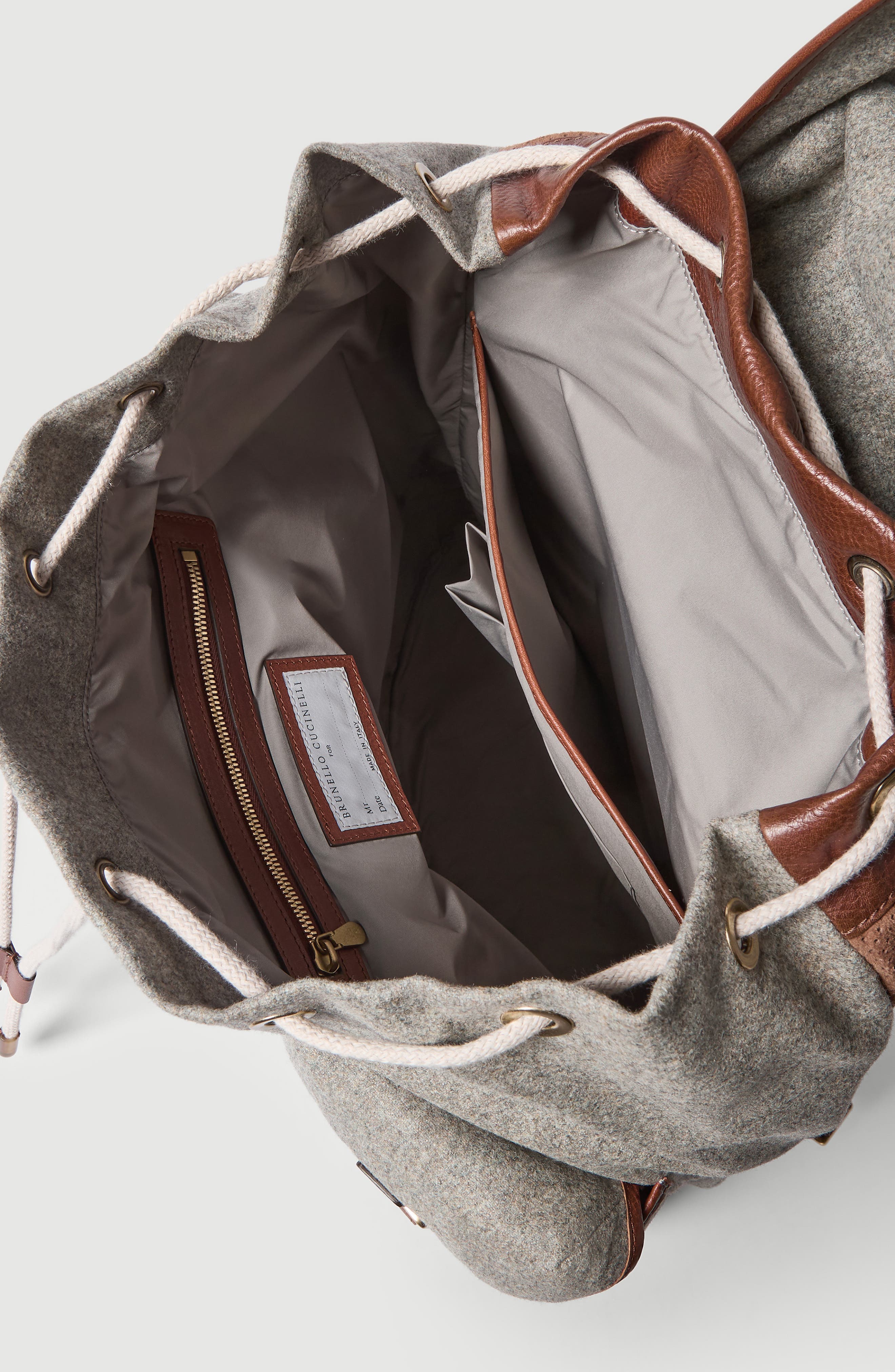 Brunello Cucinelli Virgin wool, alpaca and cashmere flannel   field backpack with grained calfskin inserts, Alternate, color, Medium Grey