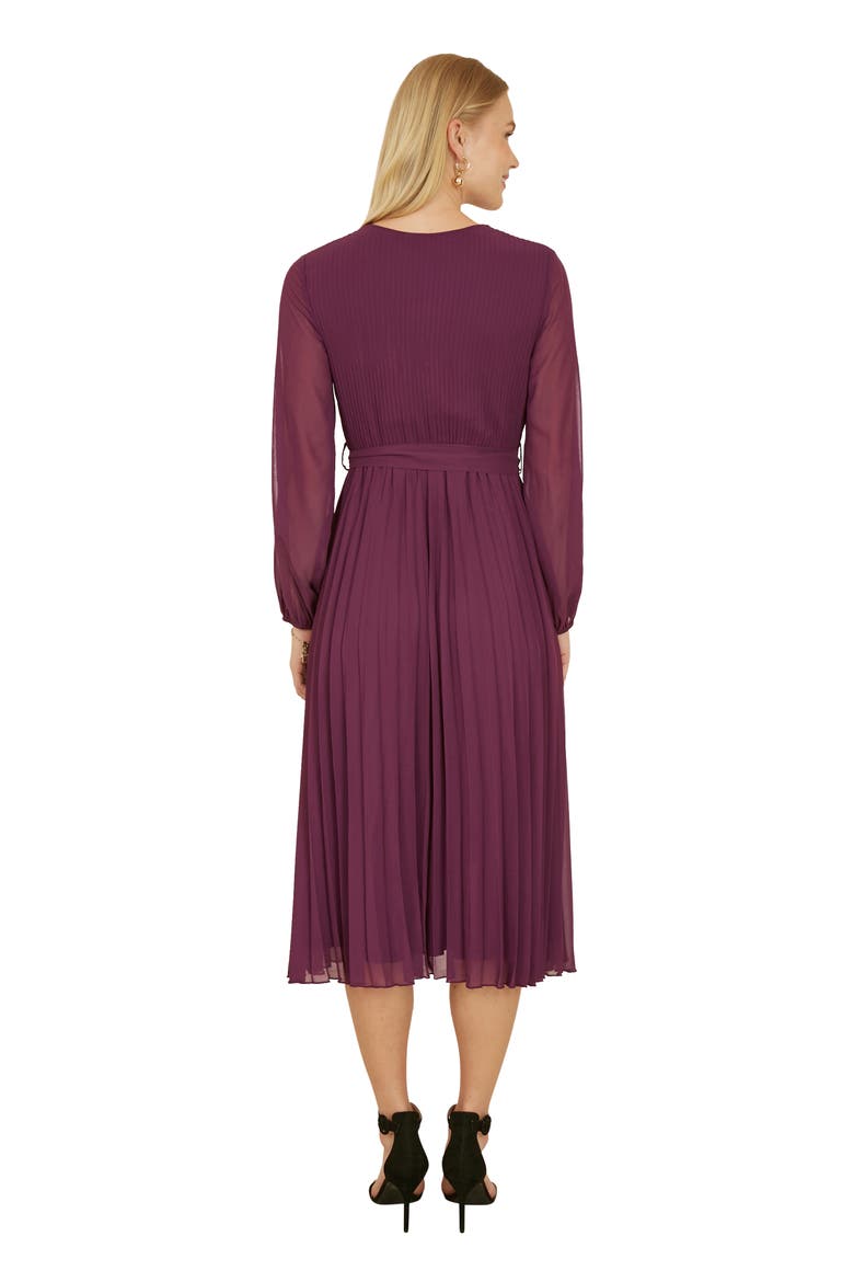 Long Sleeved Pleated Midi Wrap Dress, Alternate, color, Plum