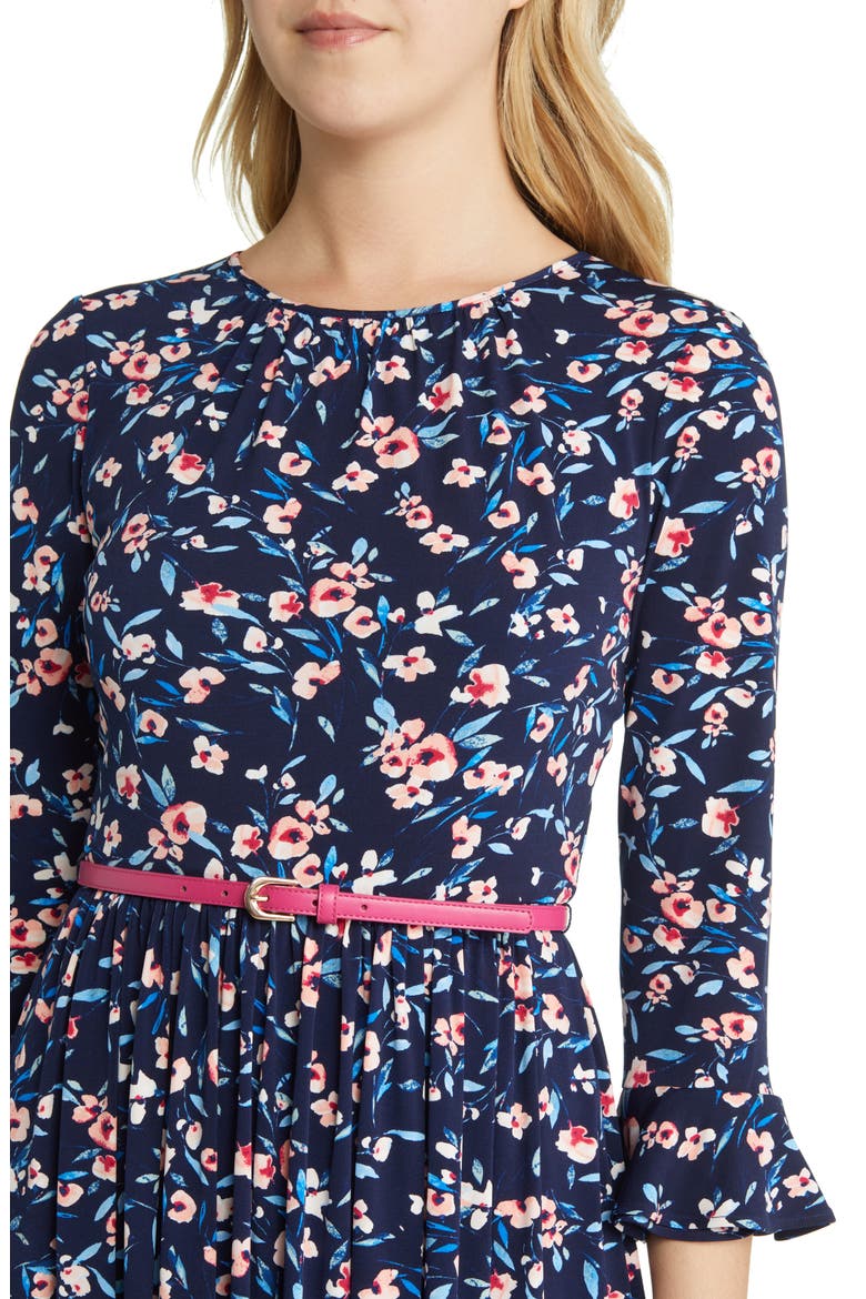 Floral Belted A-Line Dress, Alternate, color, NAVY