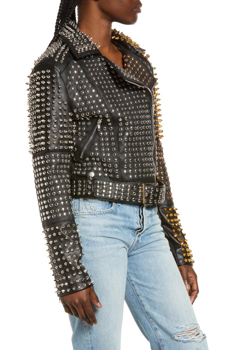 AZALEA WANG Studded Faux Leather Belted Moto Jacket, Alternate, color, Black