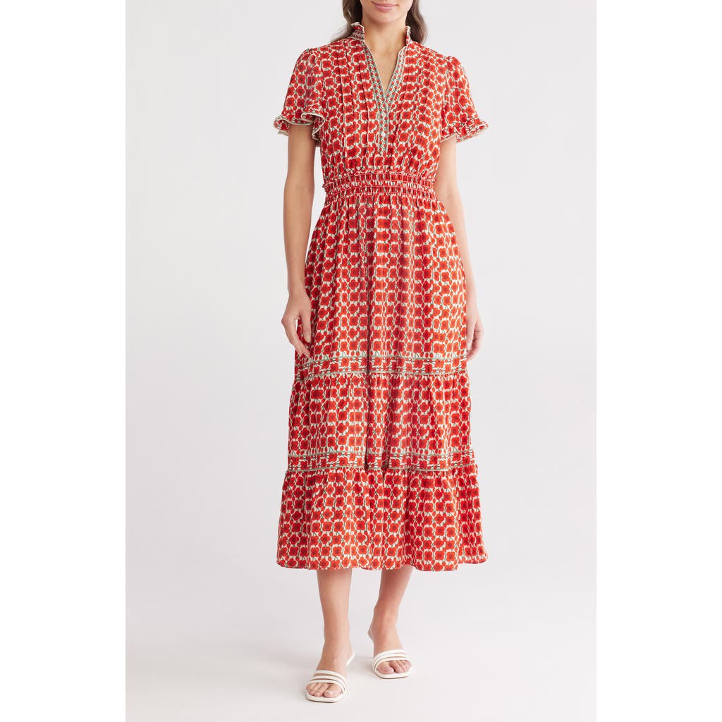Max Studio Smocked Flutter Sleeve Maxi Dress In Cream/papaya Poppy Buds