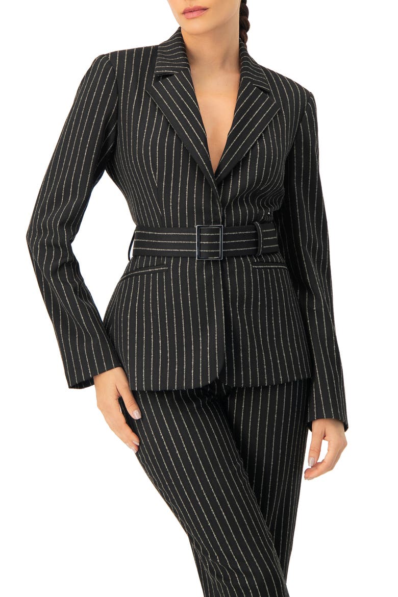 Striped Blazer With Belt, Main, color, Black