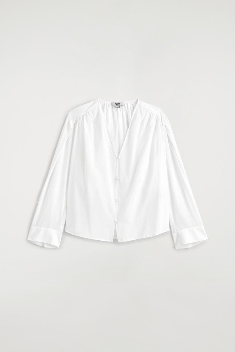 Gathered Lightweight Cotton V-Neck Shirt, Alternate, color, WHITE