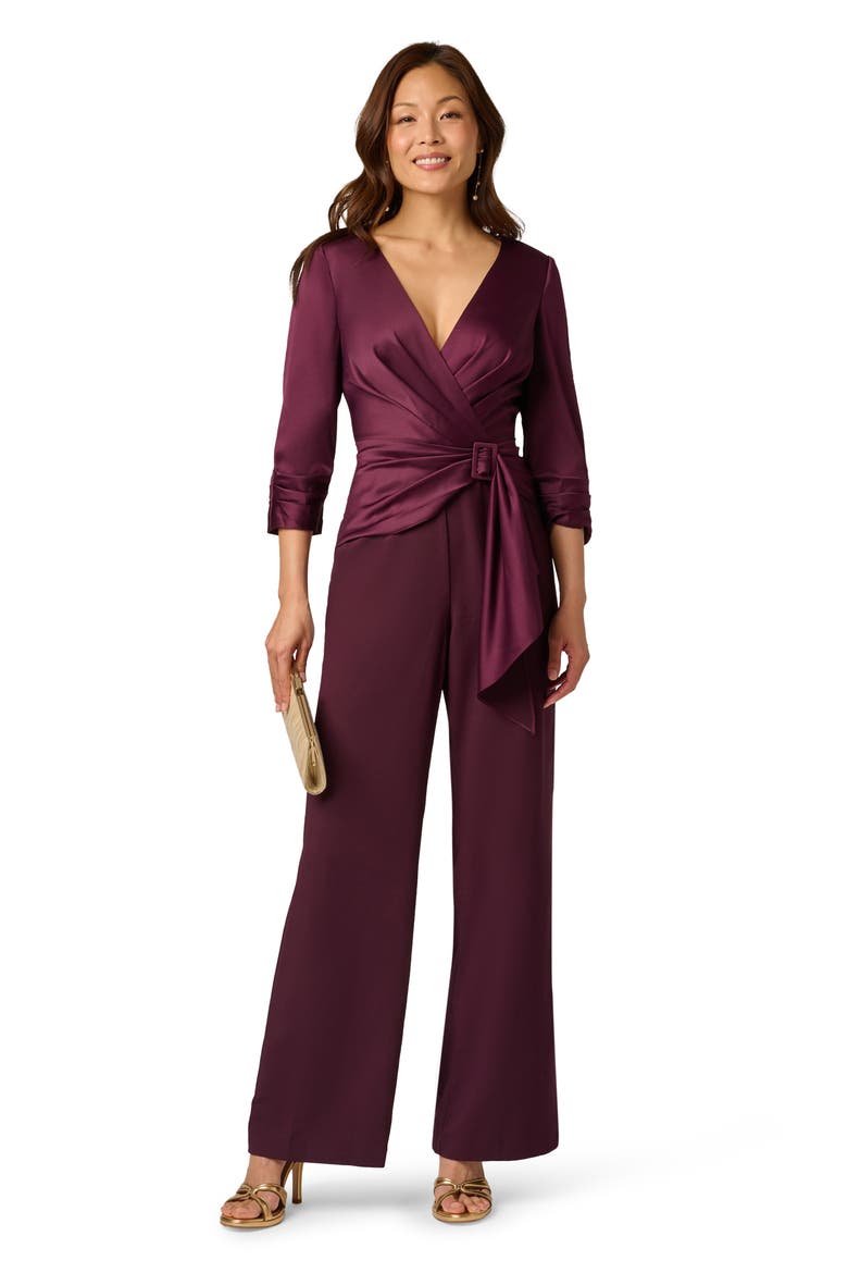 Belted Wide Leg Satin Crepe Jumpsuit, Alternate, color, BORDEAUX GLOW