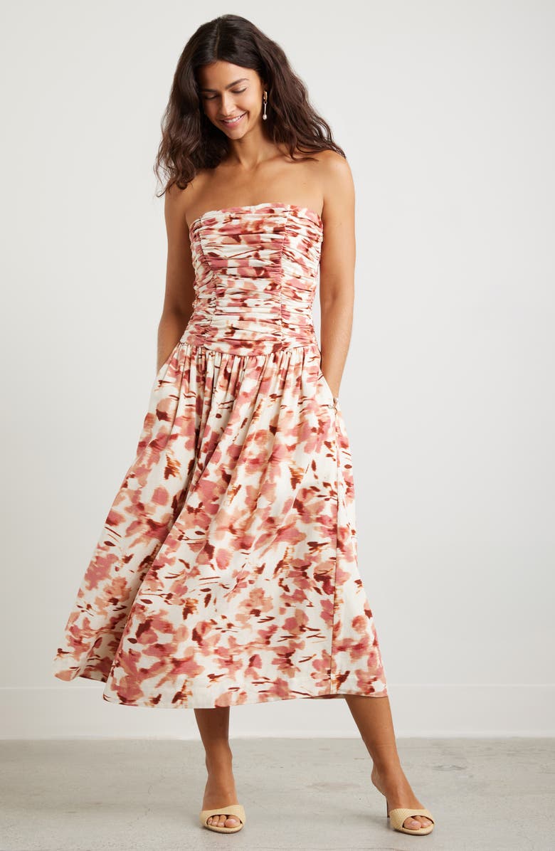 Chelsea28 Ruched Linen Blend Strapless Sundress, Main, color, Beige- Red Ethereal Blooms