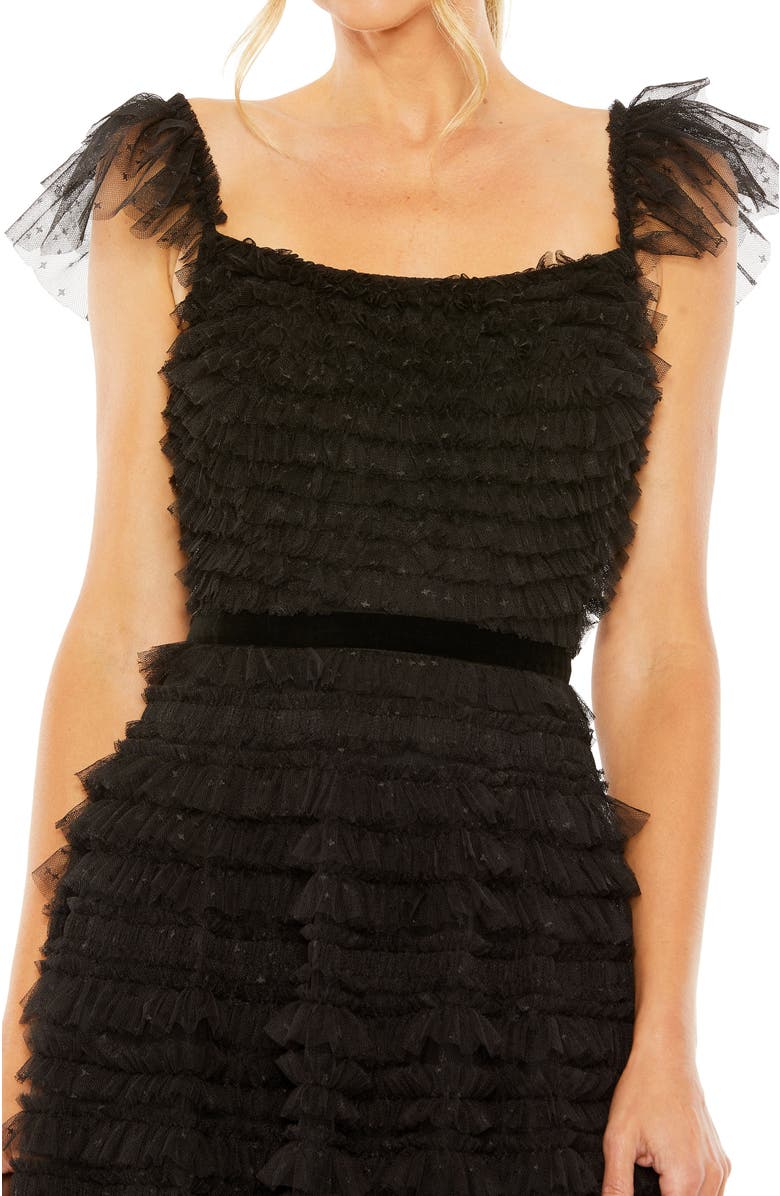 Mac Duggal Women's Ruffle Cap Sleeve Embellished Tiered Midi Dress, Alternate, color, Black