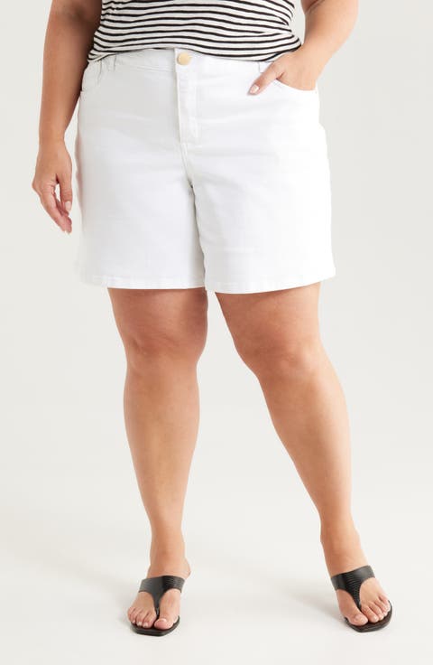High Waist Mid Thigh Relaxed Denim Shorts (Optic White) (Plus)