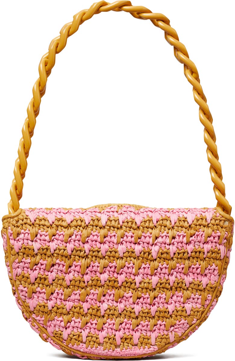 Tory Burch Mini Fleming Soft Raffia Crochet Crescent Shoulder Bag, Alternate, color,