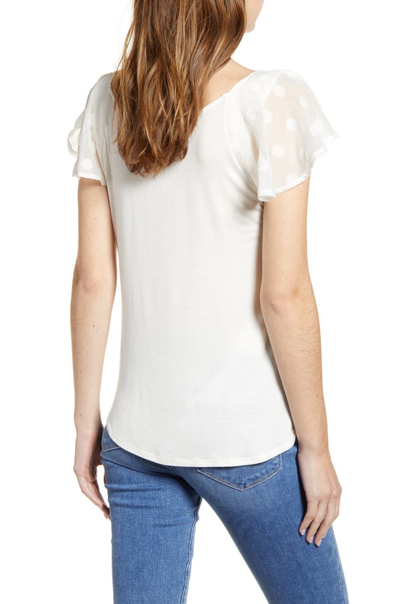 Loveappella Dot Chiffon Flutter Sleeve Top, Alternate, color, 