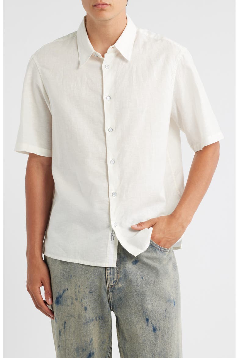Dalton Short Sleeve Linen & Cotton Button-Up Shirt, Main, color, CHALK