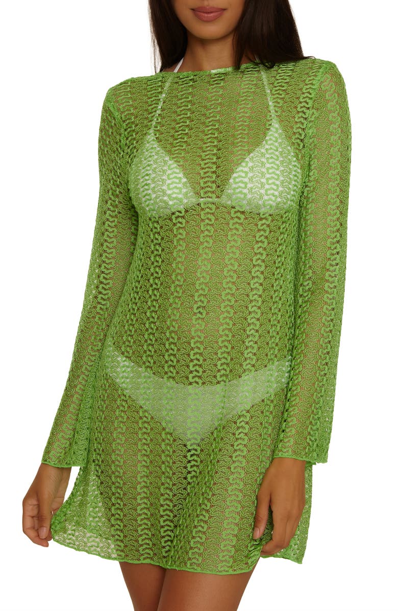 Becca Metallic Long Sleeve Sheer Cover-Up Dress, Alternate, color, Green Apple