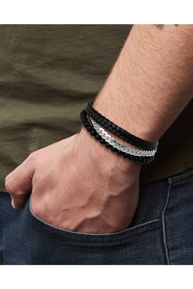 Men's 3-Row Chain & Bead Bracelet, Black, Magnetic Clasp - 8.5'', Alternate, color, Black