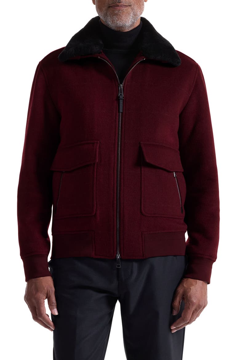 Wool Blend Bomber Jacket with Detachable Genuine Shearling Collar, Main, color, BURGUNDY