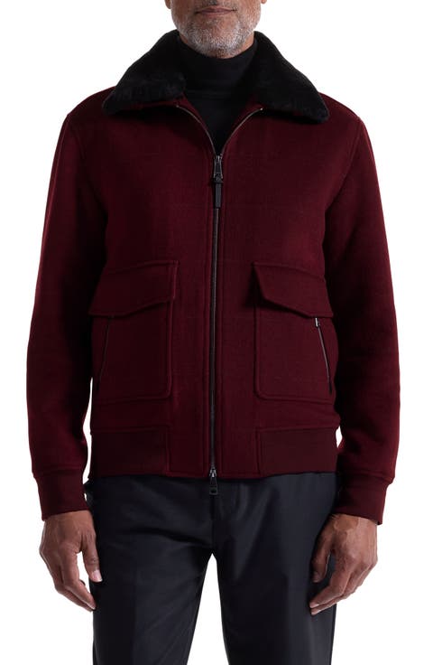 Wool Blend Bomber Jacket with Detachable Genuine Shearling Collar