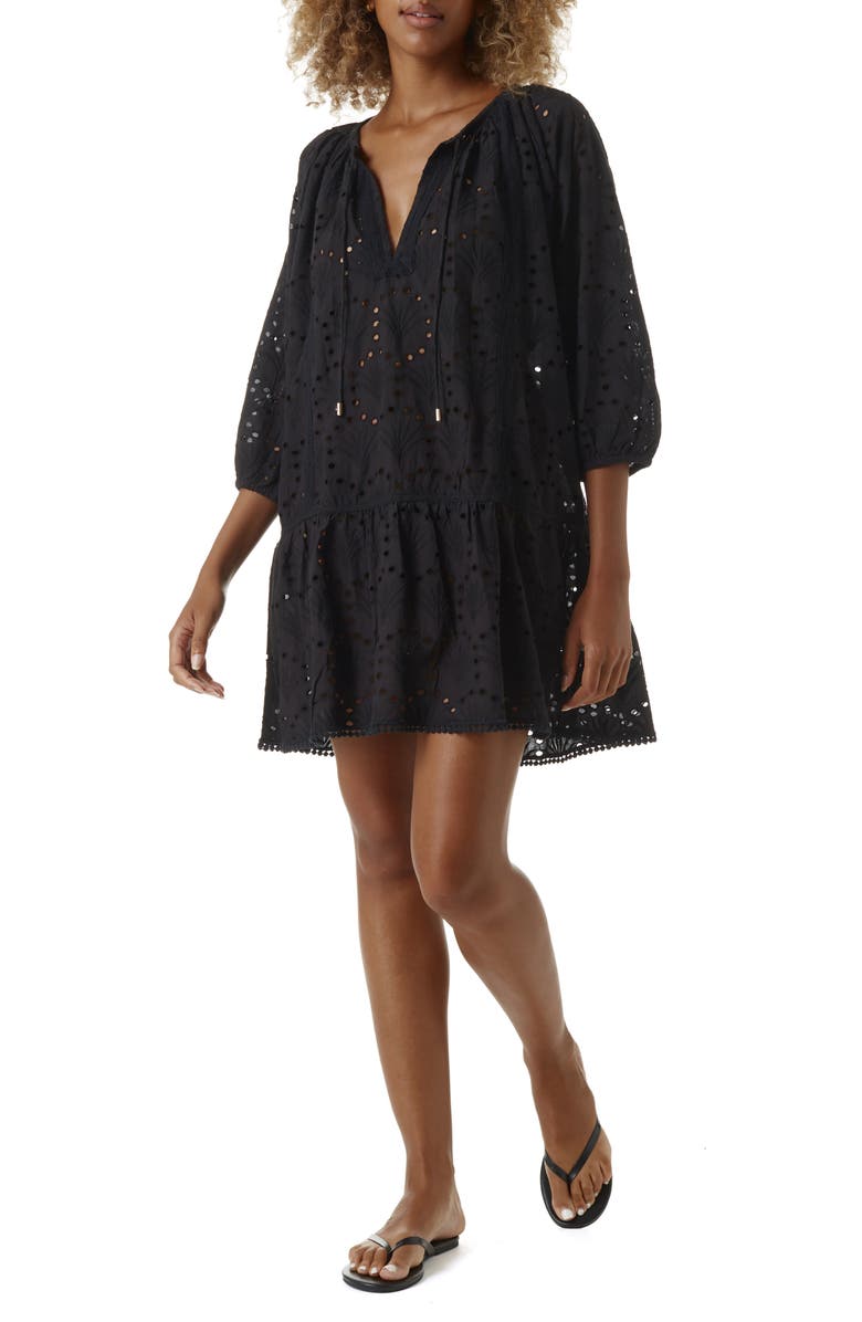 Melissa Odabash Ashley Eyelet Detail Cotton Cover-Up Tunic, Main, color, Black Fan