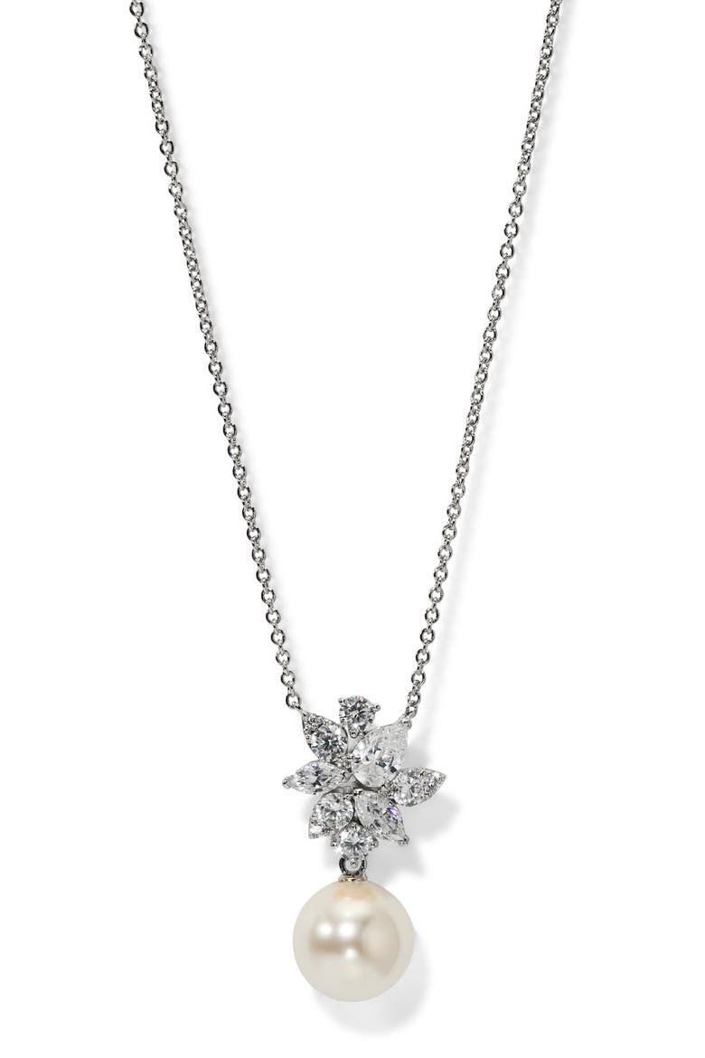 Chiara Faux Pearl Pendant Necklace, Main, color, RHODIUM