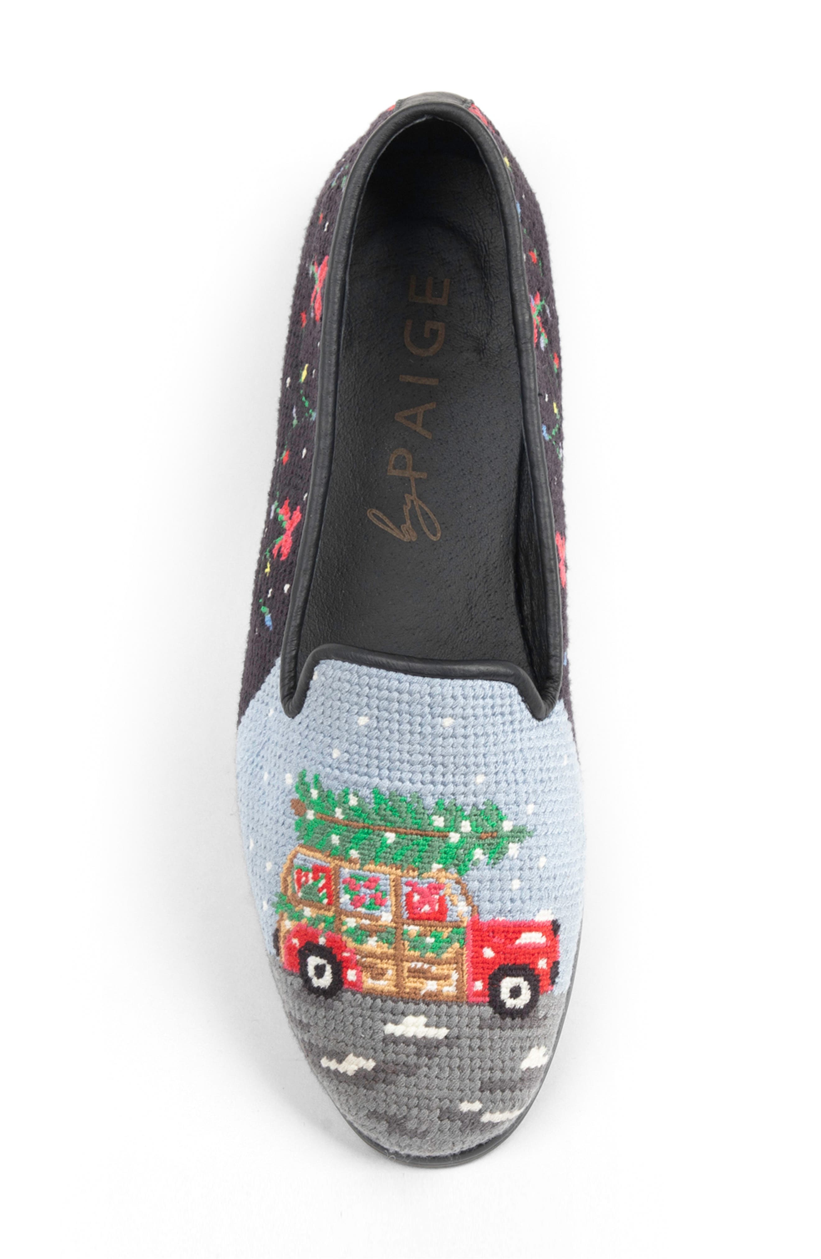 ByPaige Christmas Tree Farm Needlepoint Loafer, Alternate, color, Black