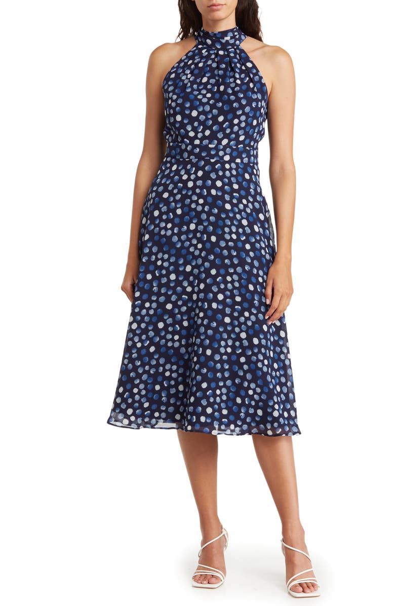 Eliza J Polka Dot Halter Pleated Midi Dress, Main, color, 