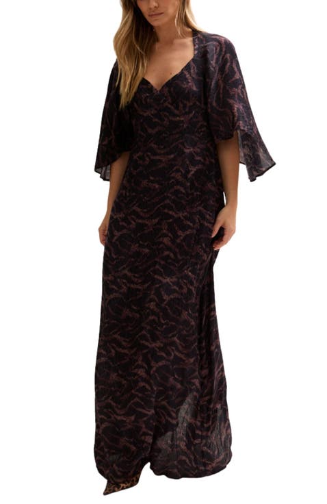 Lydia Angel Sleeve Midnight Tiger Print Maxi Dress