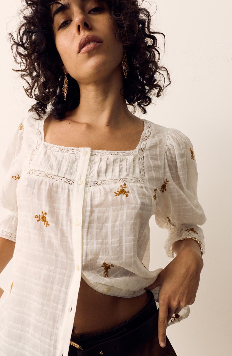 PER UNA BY M&S Floral Embroidered Lace Trim Button-Up Top, Alternate, color, Soft White