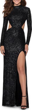 La Femme Sequin Long Sleeve Cutout Gown