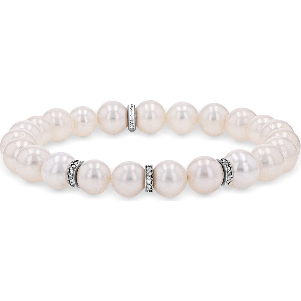Sheryl Lowe Pearl 8mm Bead Bracelet With 3 Diamond Rondelles In Silver