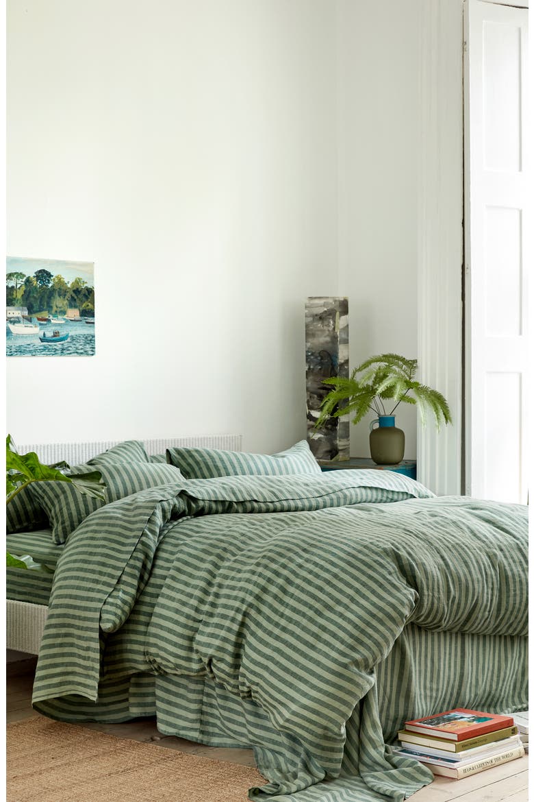 Pembroke Stripe Linen Flat Sheet, Alternate, color, PINE GREEN PEMBROKE STRIPE