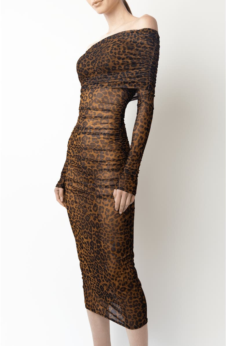 LAPOINTE Printed Mesh Off Shoulder Midi Dress, Alternate, color, Leopard