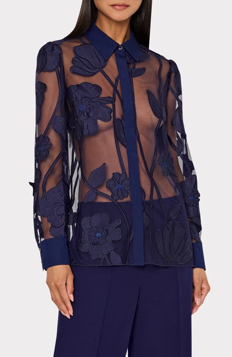 Ashton Grand Fleur Appliqué Sheer Button-Up Shirt (Petite)