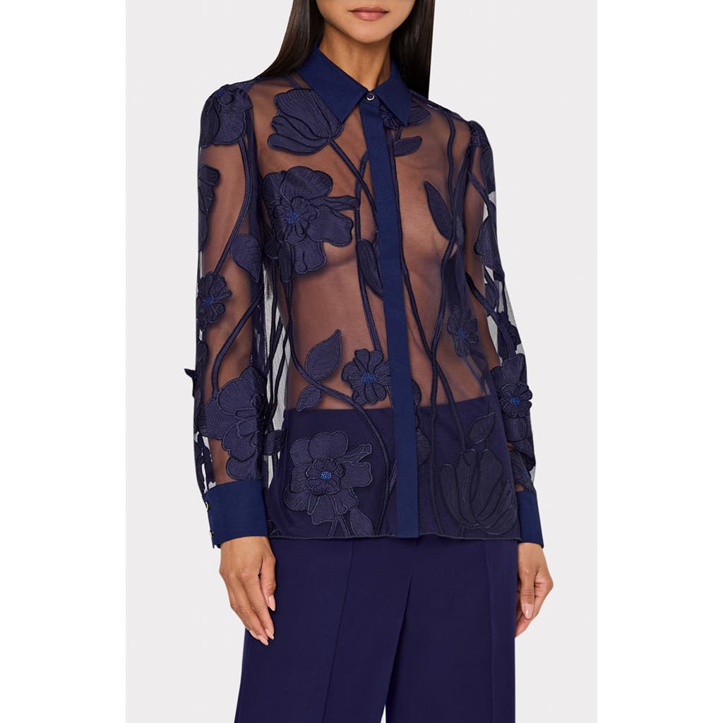 Milly Ashton Grand Fleur Appliqué Sheer Button-up Shirt In Blue