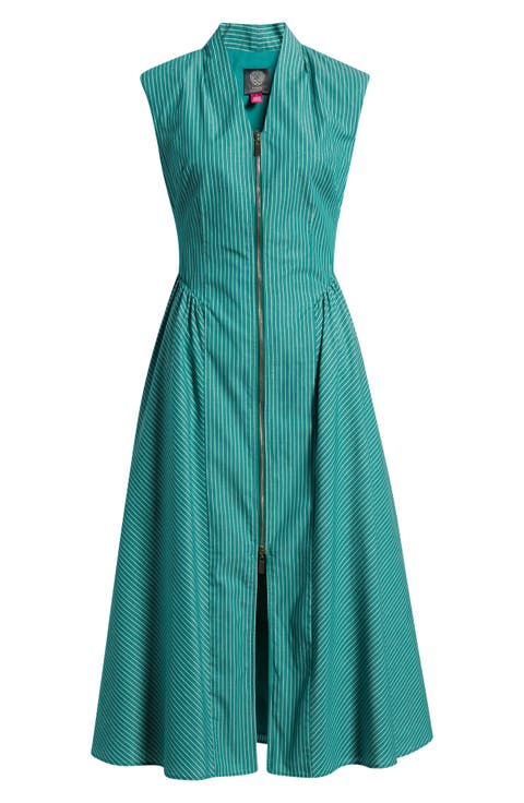 Stripe Zip Front Sleeveless Midi Dress