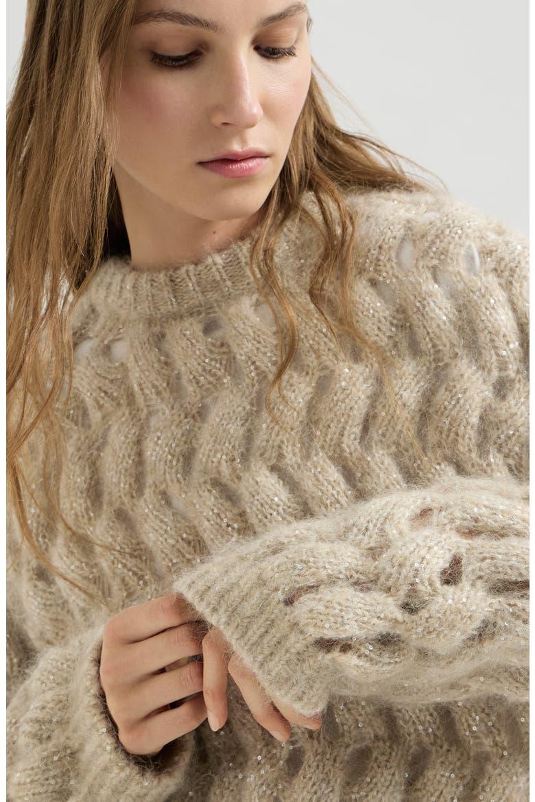 Dazzling zigzag cables sweater in mohair and wool, Alternate, color, Sand