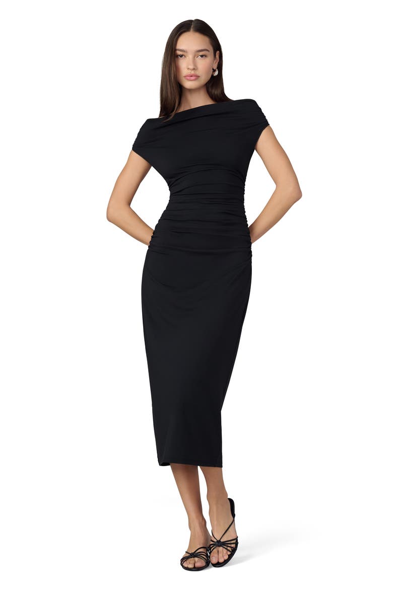 The Mia Scrunch Off-the-Shoulder Midi Dress, Alternate, color, BLACK