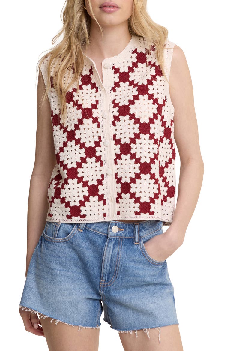 Open Knit Sleeveless Cardigan, Main, color, IVORY/RED