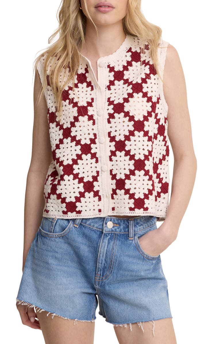 Nobody's Child Open Knit Sleeveless Cardigan, Main, color, Ivory/Red