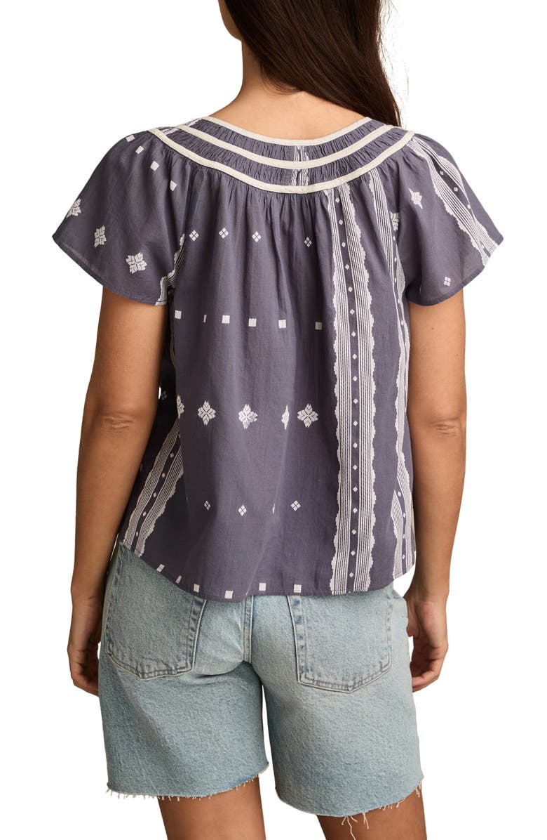 Lucky Brand Geo Embroidered Short Sleeve Cotton Peasant Top, Alternate, color, Night Shadow Blue