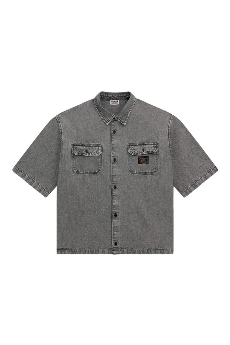 Go Boxy Denim Short Sleeve Button-Up Shirt, Alternate, color, GREY