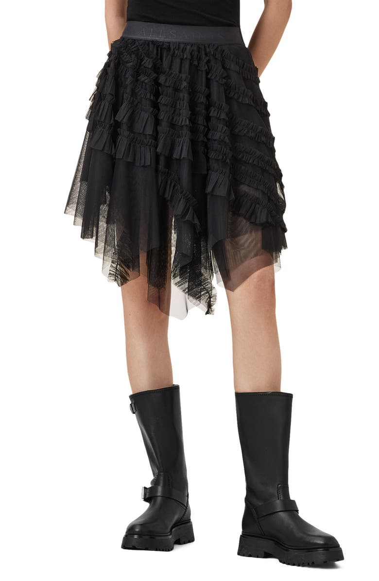 AllSaints Jayde Handkerchief Hem Tulle Skirt, Main, color, Black