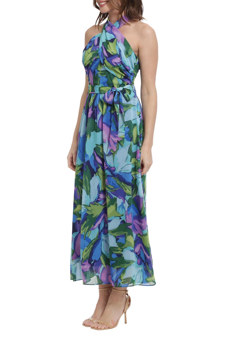 Wrap Halter Floral Print Maxi Dress, Alternate, color, AQUA/ ROYAL