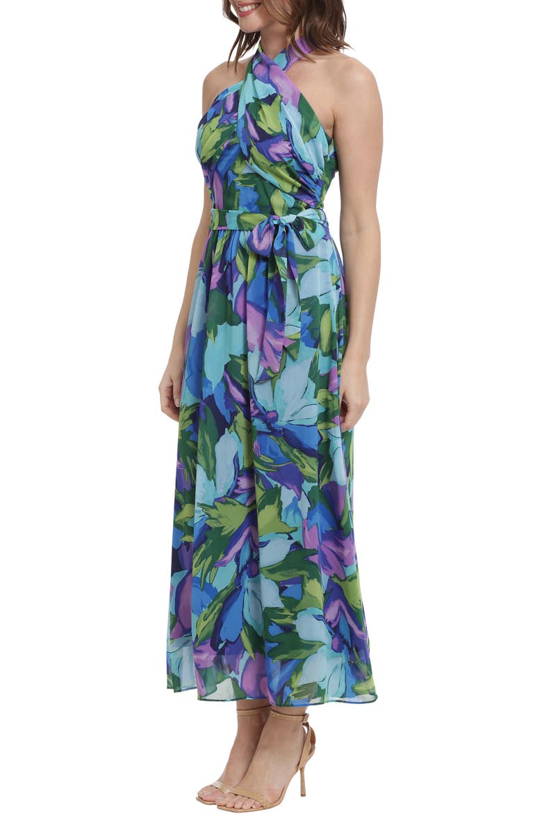 London Times Wrap Halter Floral Print Maxi Dress, Alternate, color, Aqua/ Royal