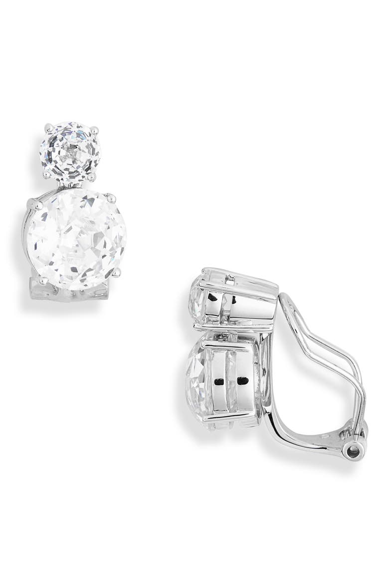 Double Cubic Zirconia Clip-On Earrings, Main, color, RHODIUM