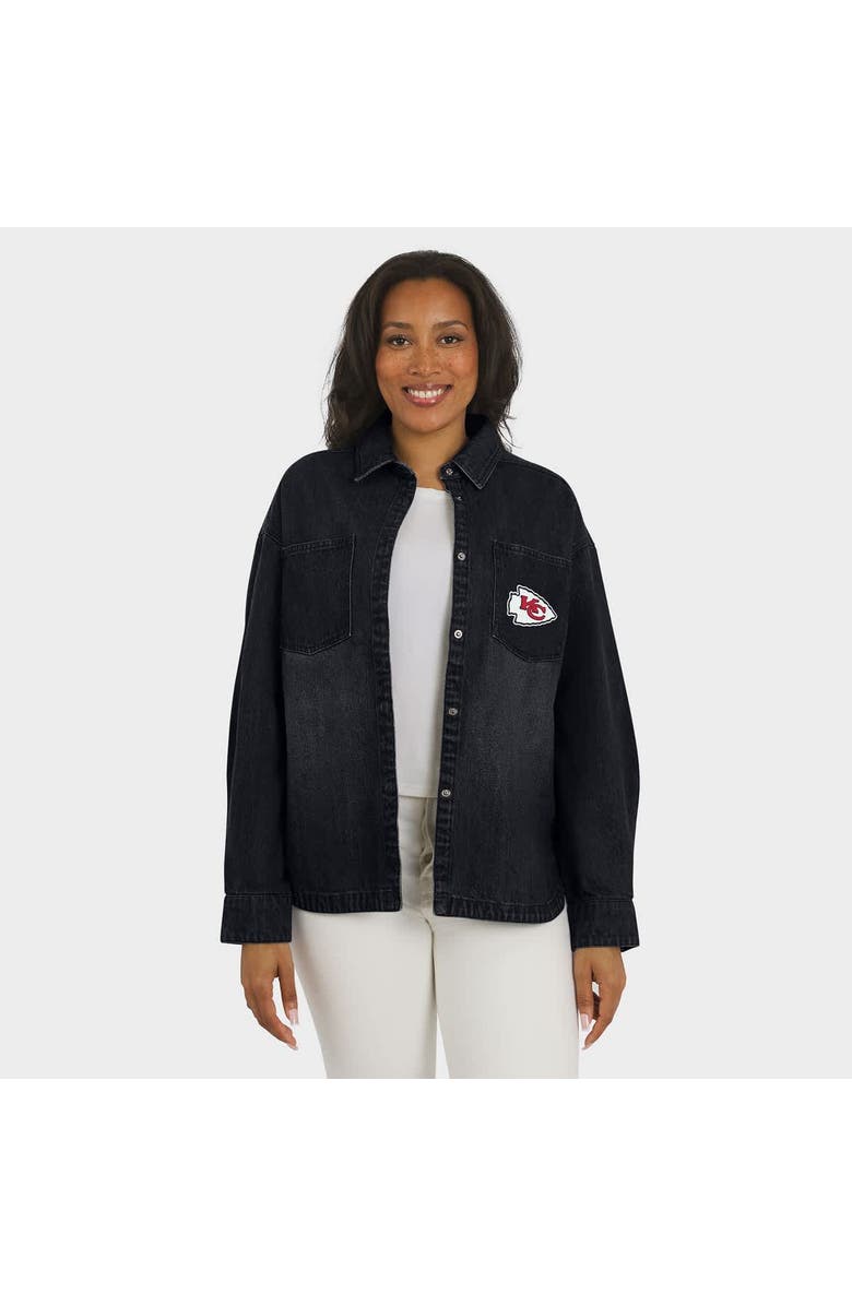WEAR by Erin Andrews Women's WEAR by Erin Andrews Black Kansas City Chiefs Washed Oversized Denim Full-Snap Shacket, Alternate, color, Black