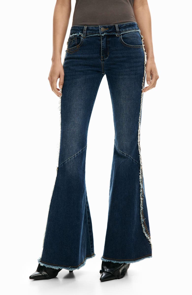 Desigual Embroidery Trim Flare Jeans, Main, color, Dark Blue