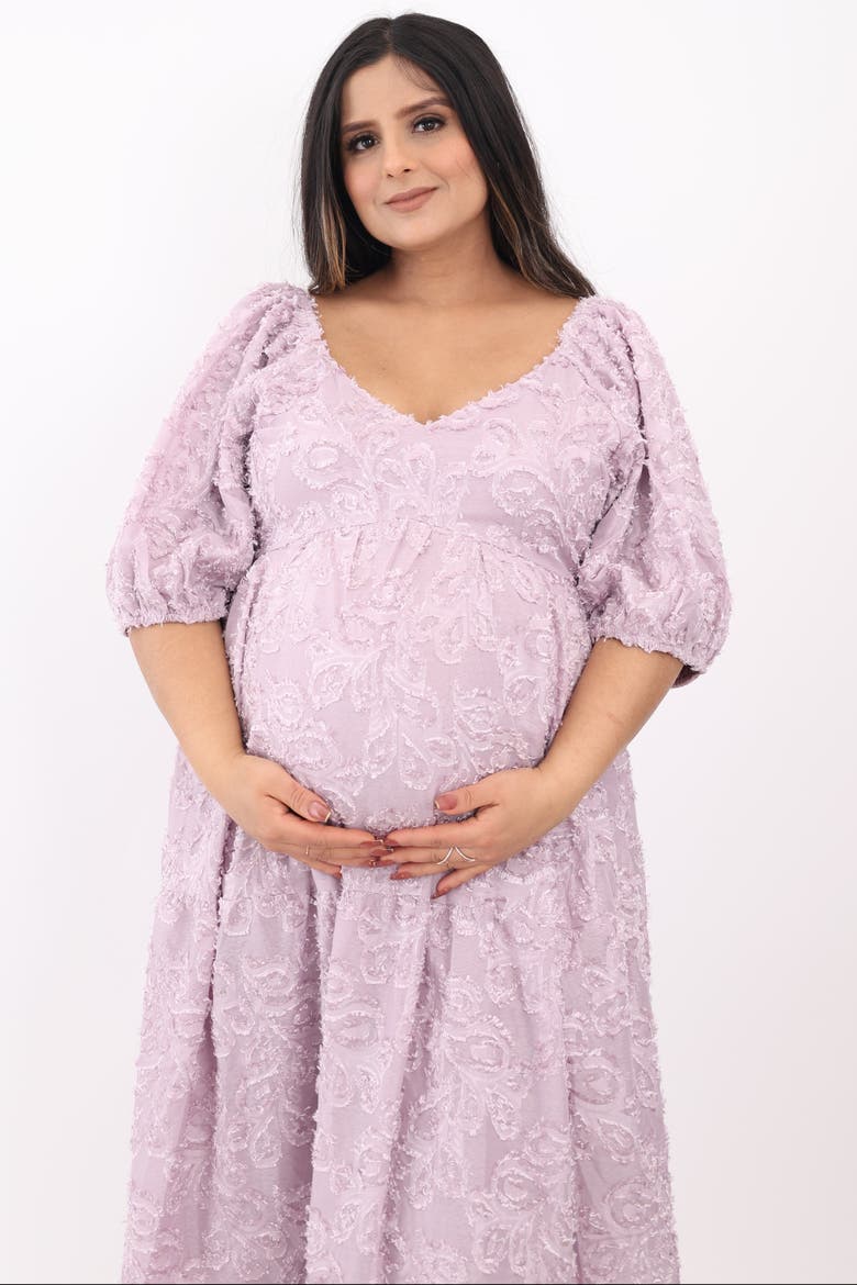 Fringe Textured Short Puff Sleeve Midi Dress, Alternate, color, Lavender