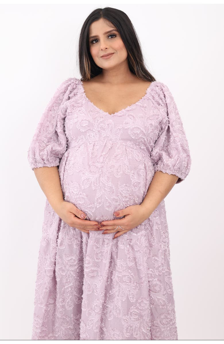 PinkBlush Fringe Textured Short Puff Sleeve Midi Dress, Alternate, color, Lavender